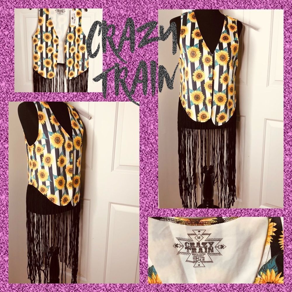 CRAZY TRAIN Sunflower Boho Fringe Vest Halloween M